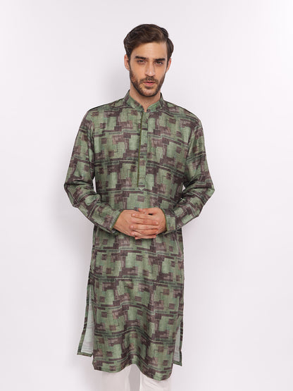 Full Sleeve Printed Kurta and Pyjama Set in Green Cotton Blend