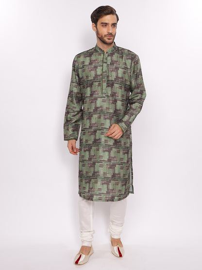 Full Sleeve Printed Kurta and Pyjama Set in Green Cotton Blend