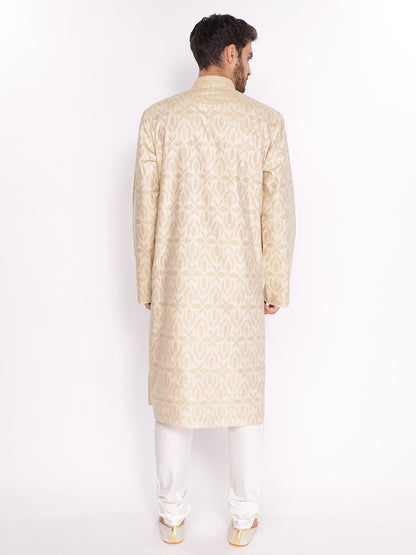 Full Sleeve Printed Kurta and Pyjama Set in Beige Pure Cotton