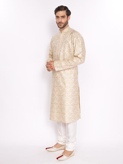 Full Sleeve Printed Kurta and Pyjama Set in Beige Pure Cotton