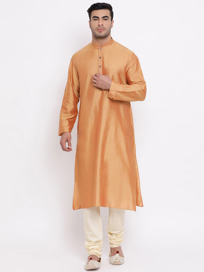 Full Sleeve Solid Kurta and Churidar Set in Gold Silk Blend