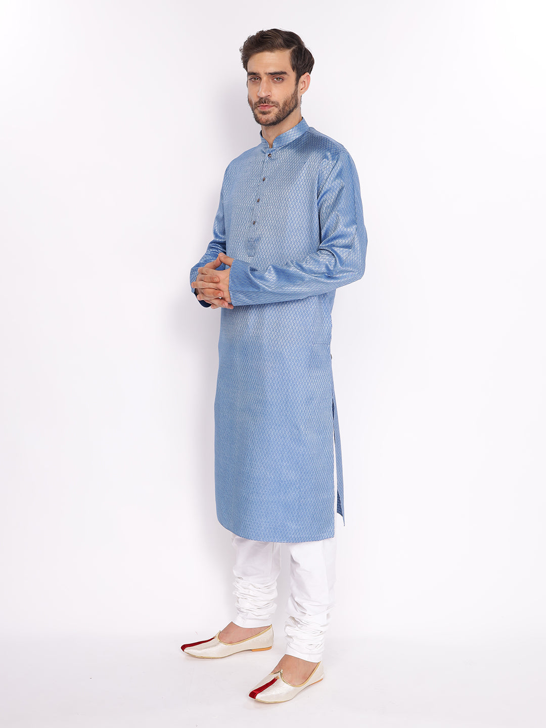 Full Sleeve Self Design Kurta and Pyjama Set in Blue Cotton Blend