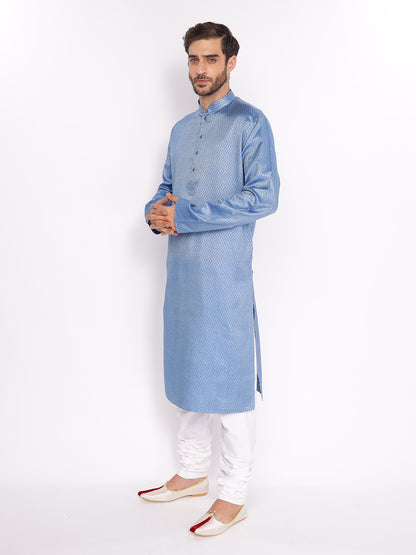 Full Sleeve Self Design Kurta and Pyjama Set in Blue Cotton Blend