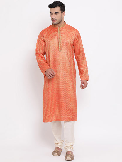 Full Sleeve Embroidered Kurta and Churidar Set in Orange Cotton Blend
