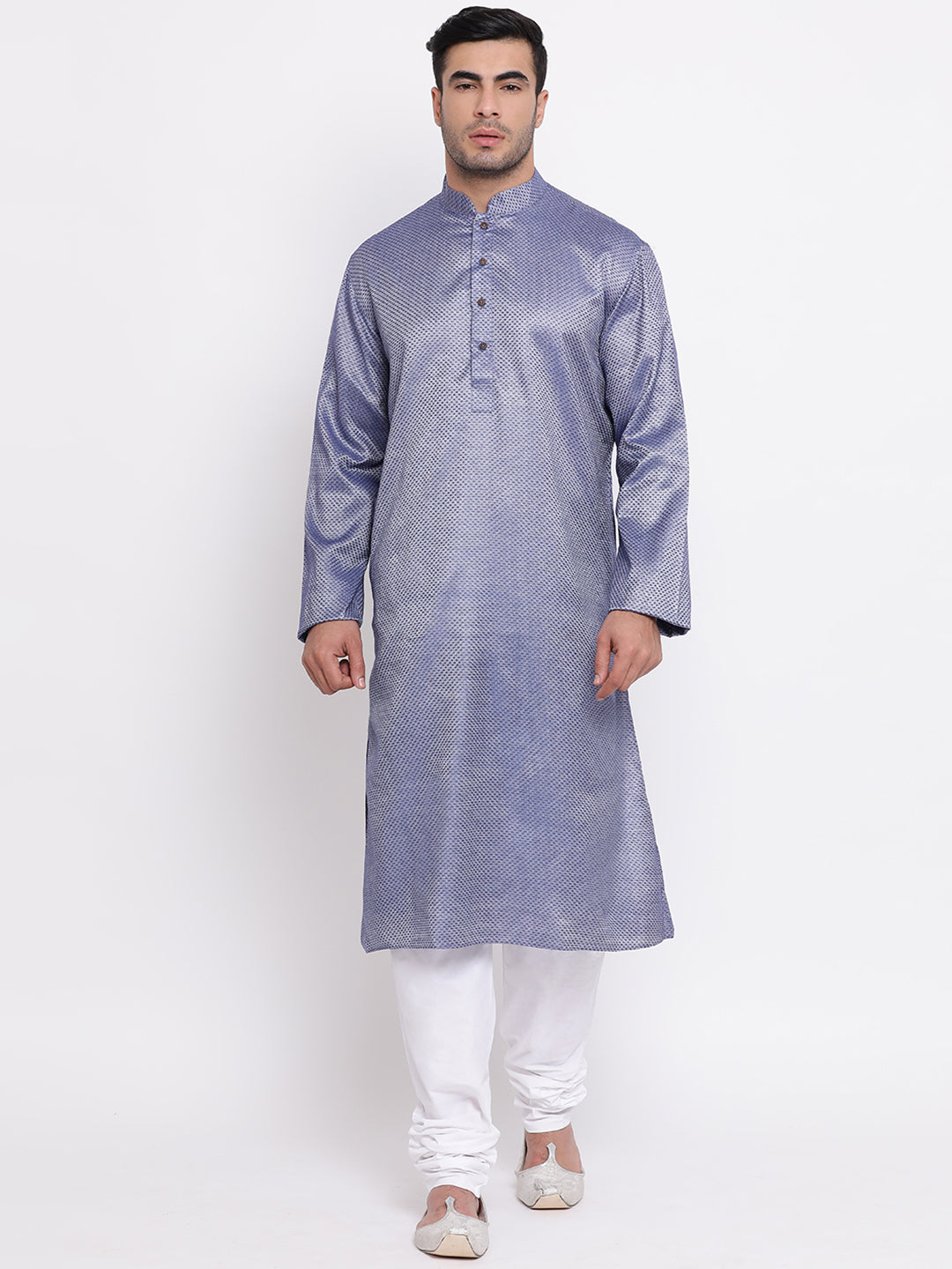 Full Sleeve Solid Kurta and Churidar Set in Blue Cotton Blend