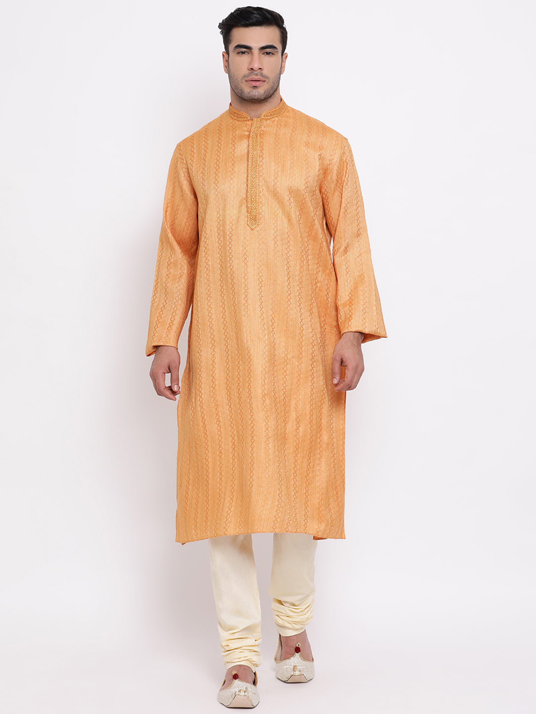 Full Sleeve Embroidered Kurta and Churidar Set in Orange Cotton Blend