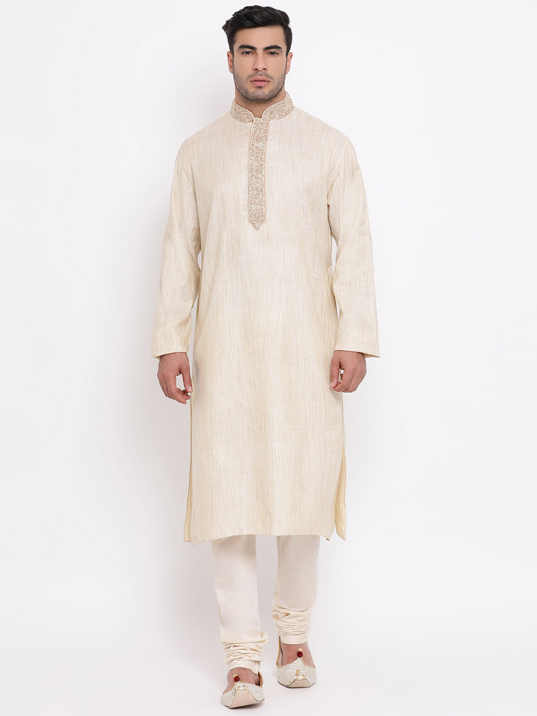 Full Sleeve Embroidered Kurta and Churidar Set in Beige Cotton Blend