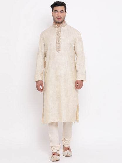 Full Sleeve Embroidered Kurta and Churidar Set in Beige Cotton Blend