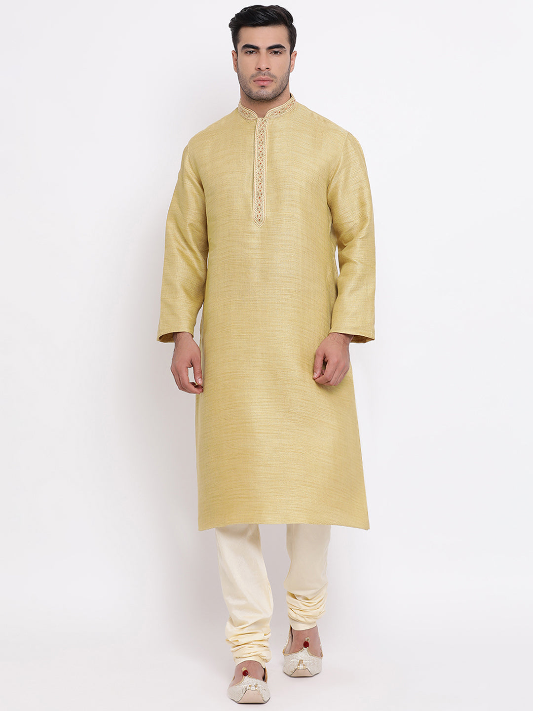 Full Sleeve Embroidered Kurta and Churidar Set in Yellow Cotton Blend