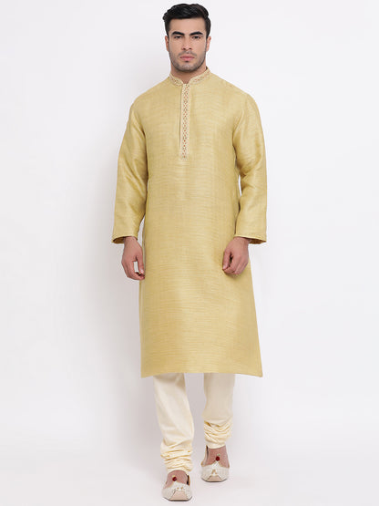 Full Sleeve Embroidered Kurta and Churidar Set in Yellow Cotton Blend