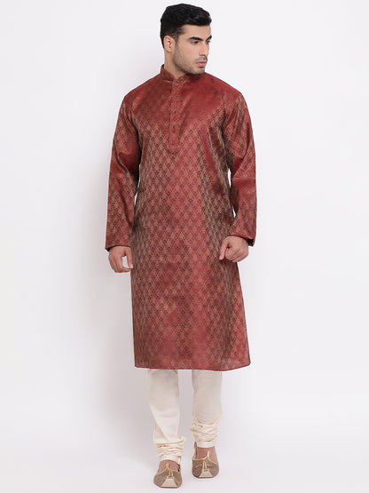 Full Sleeve Self Design Kurta and Churidar Set in Maroon Jacquard