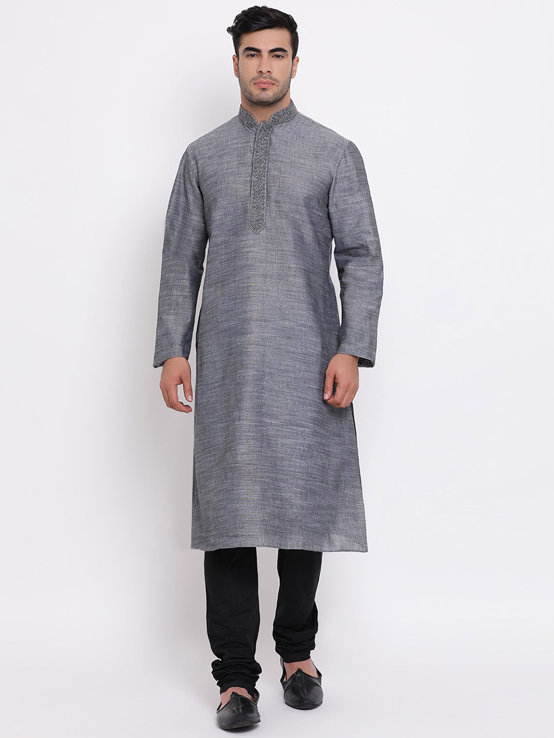Full Sleeve Embroidered Kurta and Churidar Set in Grey Cotton Blend