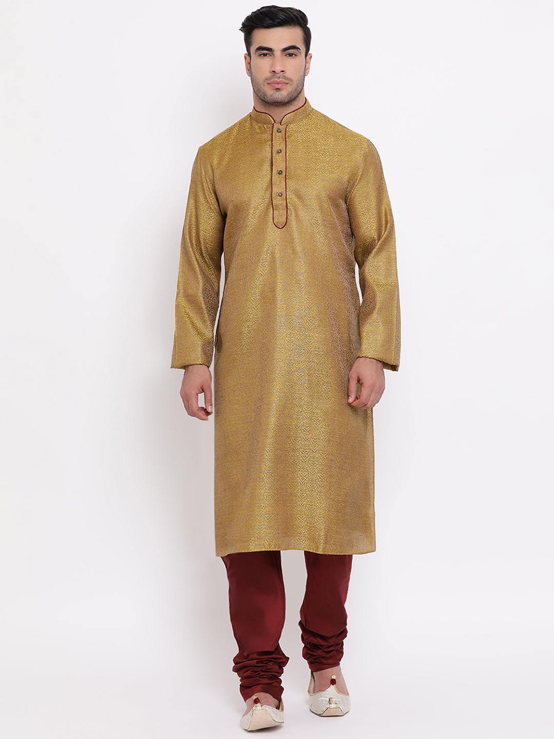 Full Sleeve Woven Kurta and Churidar Set in Dark Green Jacquard