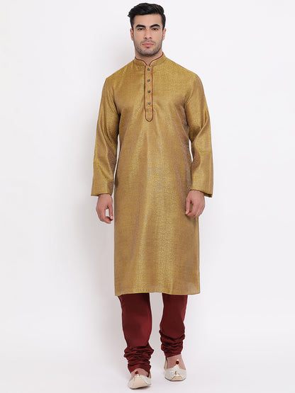 Full Sleeve Woven Kurta and Churidar Set in Dark Green Jacquard