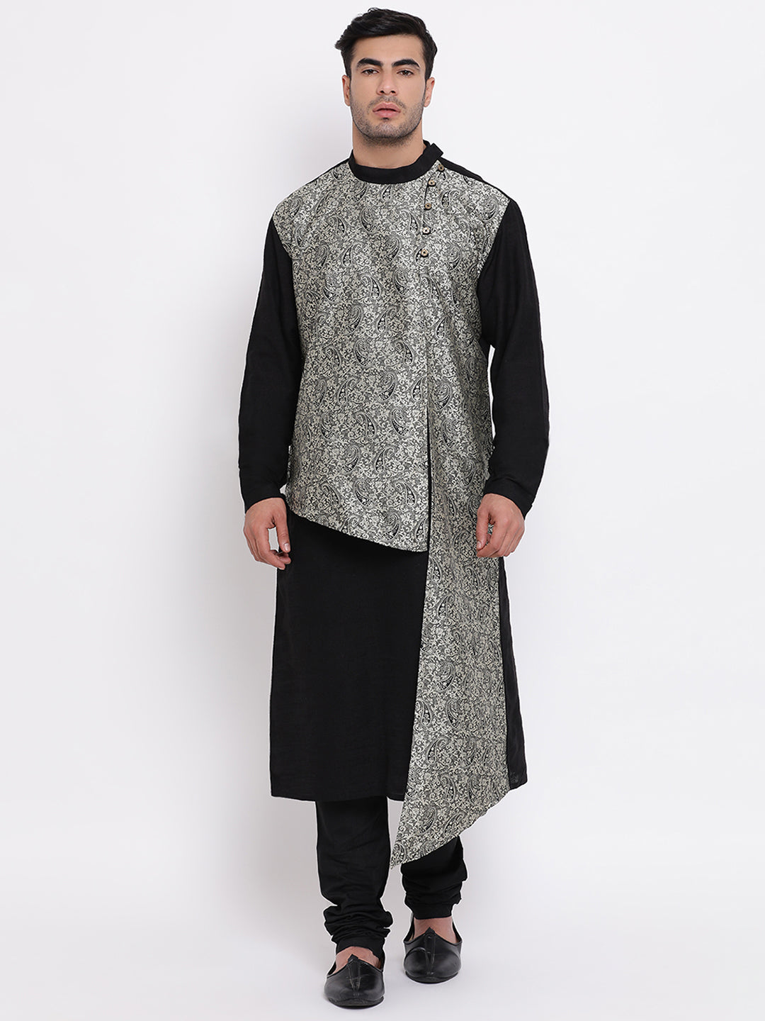 Full Sleeve Floral Print Kurta and Churidar Set in Black Jacquard