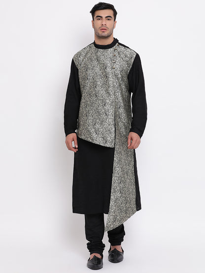 Full Sleeve Floral Print Kurta and Churidar Set in Black Jacquard