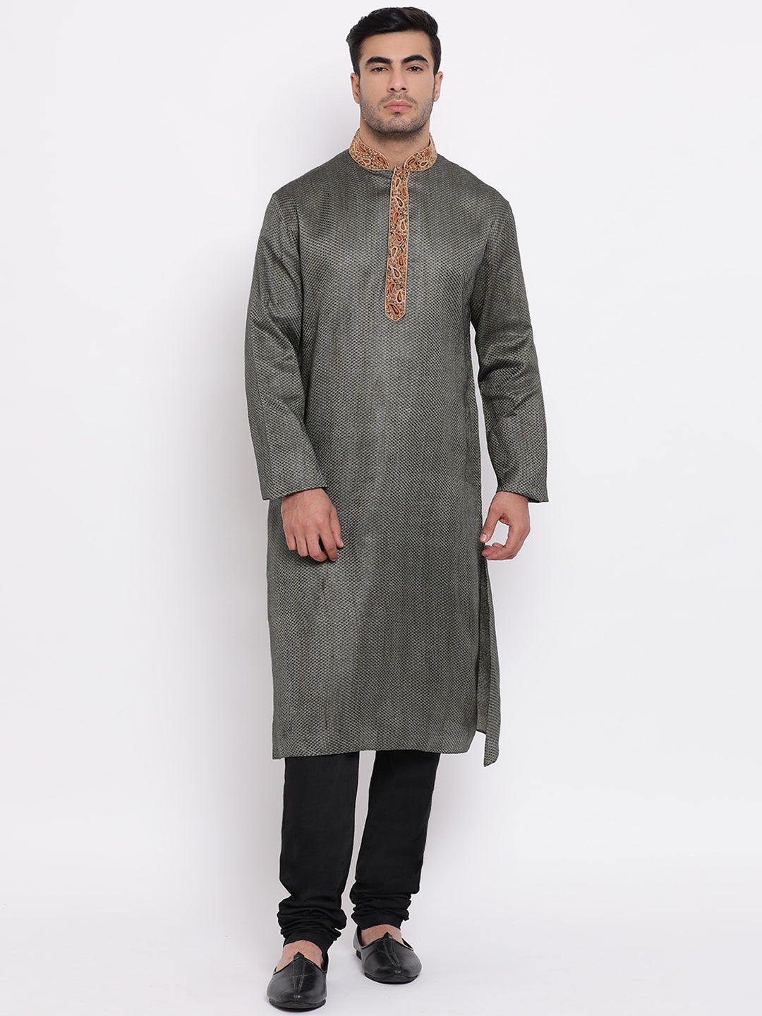 Full Sleeve Embroidered Kurta and Churidar Set in Black Cotton Blend