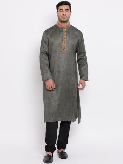 Full Sleeve Embroidered Kurta and Churidar Set in Black Cotton Blend