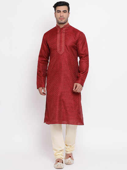 Full Sleeve Printed Kurta and Churidar Set in Maroon Jacquard