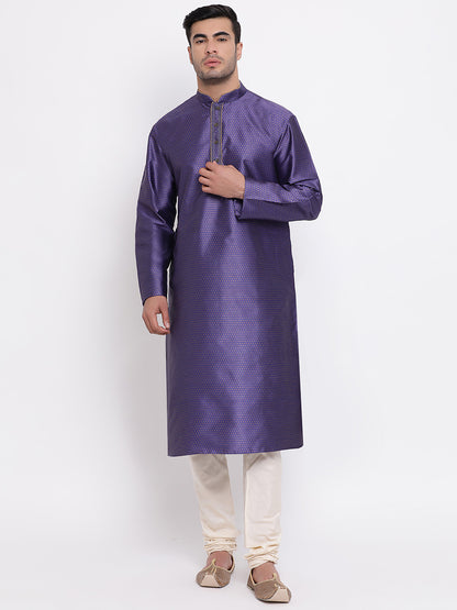 Full Sleeve Woven Kurta and Churidar Set in Blue Jacquard