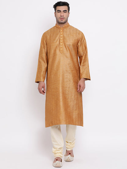 Full Sleeve Embroidered Kurta and Churidar Set in Gold Cotton Blend