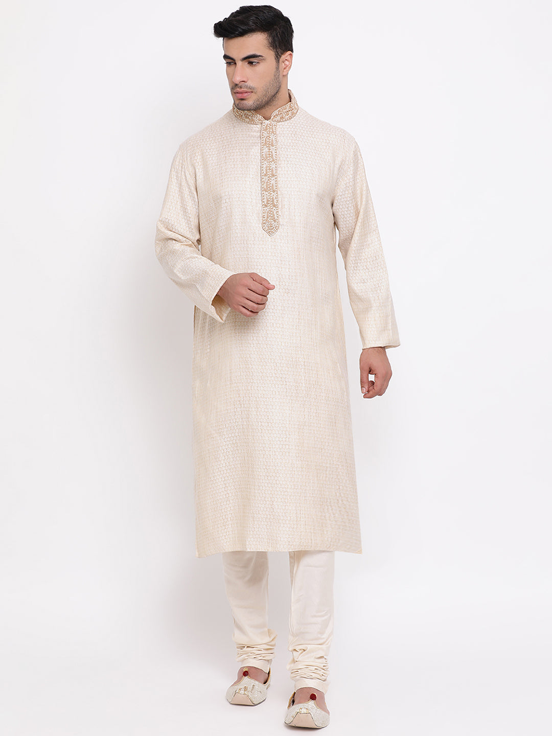 Full Sleeve Embroidered Kurta and Churidar Set in Beige Cotton Blend
