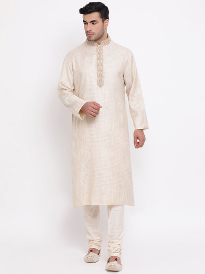 Full Sleeve Embroidered Kurta and Churidar Set in Beige Cotton Blend