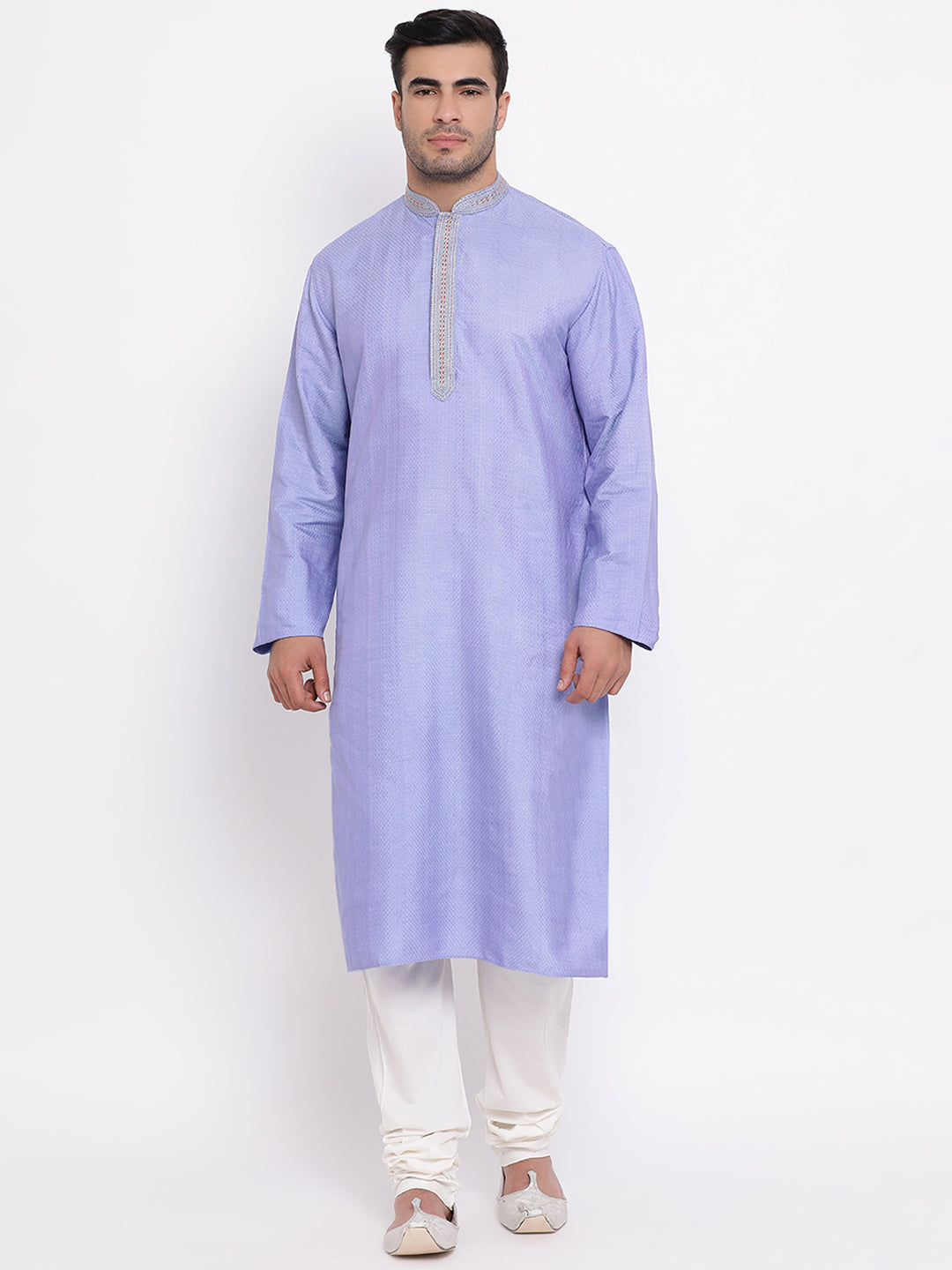 Full Sleeve Embroidered Kurta and Churidar Set in Purple Silk Blend
