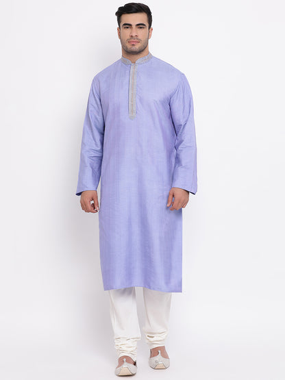 Full Sleeve Embroidered Kurta and Churidar Set in Purple Silk Blend