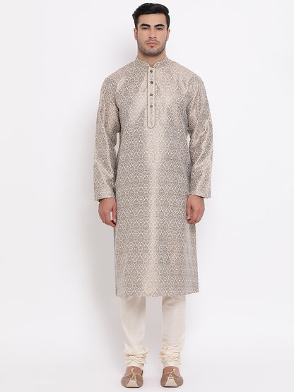 Full Sleeve Woven Kurta and Churidar Set in Beige Jacquard
