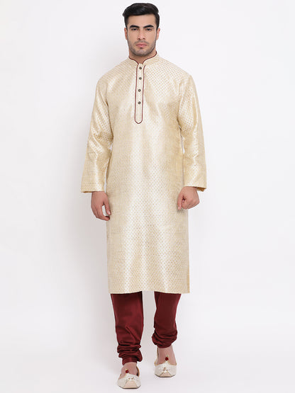 Full Sleeve Woven Kurta and Churidar Set in Beige Jacquard
