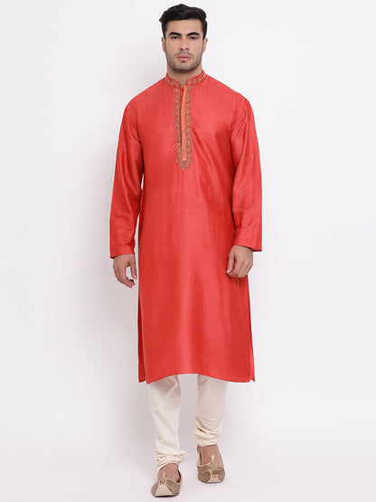 Full Sleeve Embroidered Kurta and Churidar Set in Red Cotton Silk