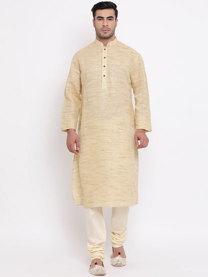 Full Sleeve Self Design Kurta and Churidar Set in Beige Khadi Cotton