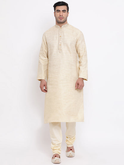 Full Sleeve Embroidered Kurta and Churidar Set in Beige Cotton Blend