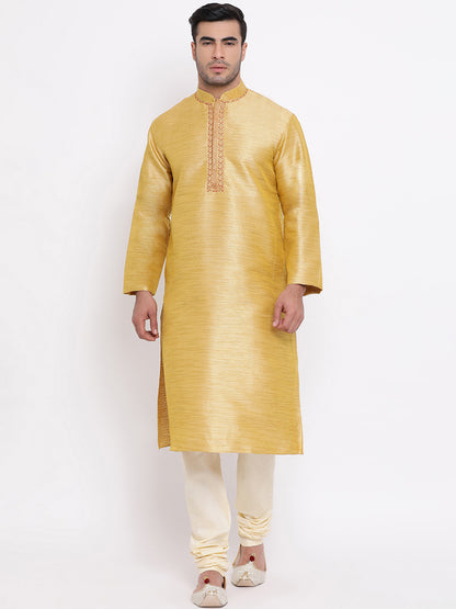 Full Sleeve Embroidered Kurta and Churidar Set in Gold Silk Blend