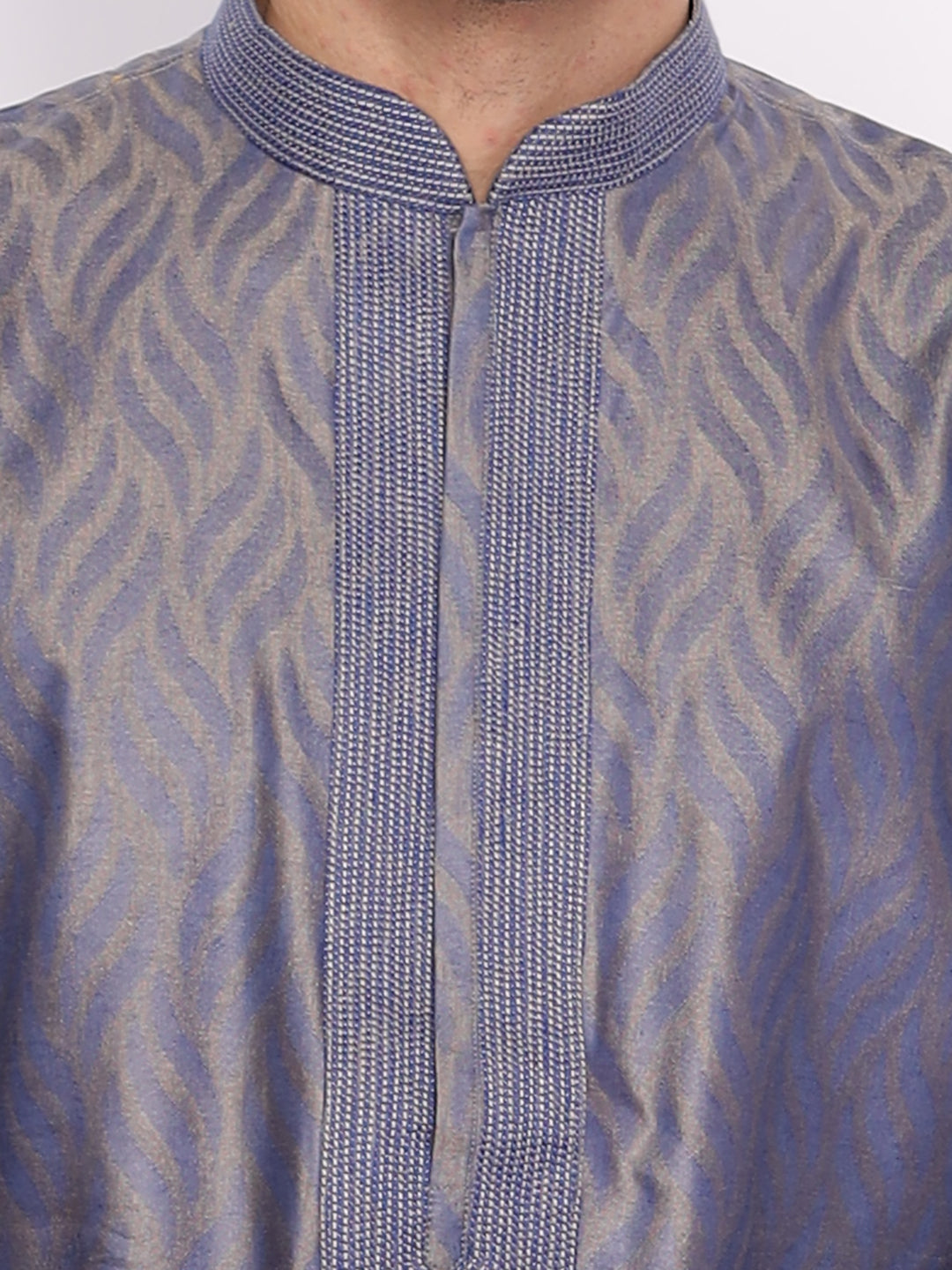 Full Sleeve Self Design Kurta and Pyjama Set in Blue Pure Cotton