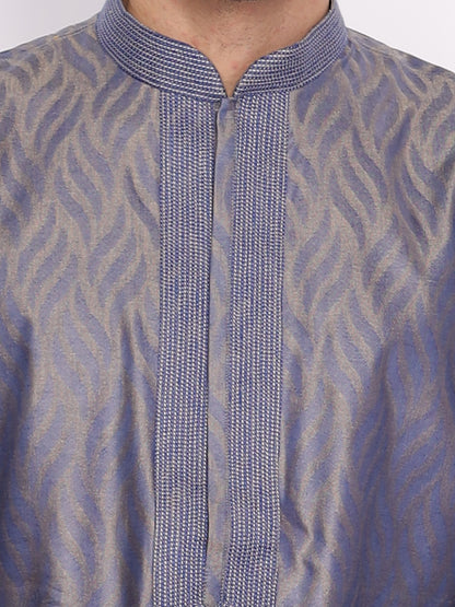 Full Sleeve Self Design Kurta and Pyjama Set in Blue Pure Cotton