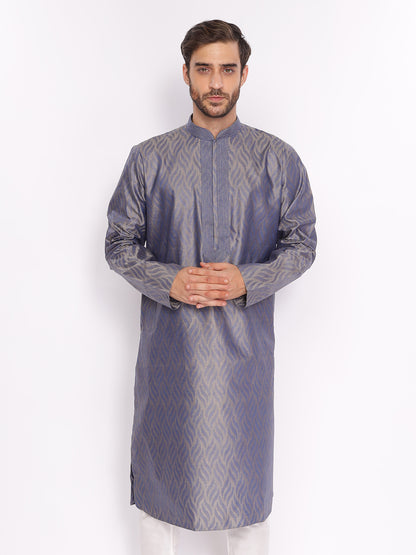 Full Sleeve Self Design Kurta and Pyjama Set in Blue Pure Cotton