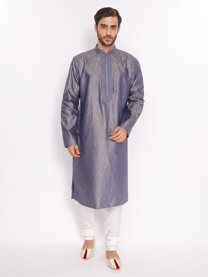 Full Sleeve Self Design Kurta and Pyjama Set in Blue Pure Cotton