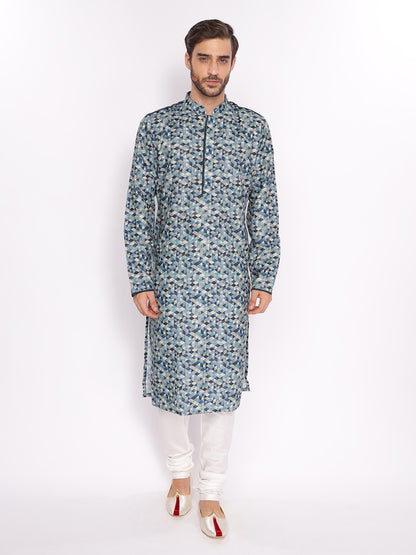 Full Sleeve Printed Kurta and Pyjama Set in Blue Cotton Blend