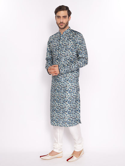 Full Sleeve Printed Kurta and Pyjama Set in Blue Cotton Blend