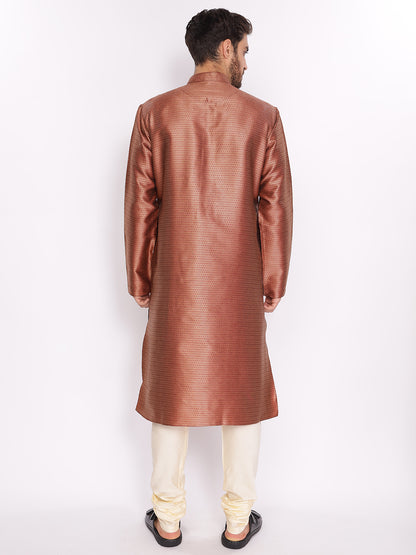 Full Sleeve Self Design Kurta and Pyjama Set in Maroon Silk Blend