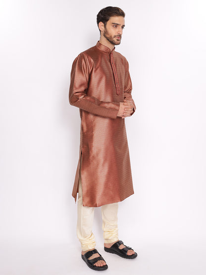 Full Sleeve Self Design Kurta and Pyjama Set in Maroon Silk Blend
