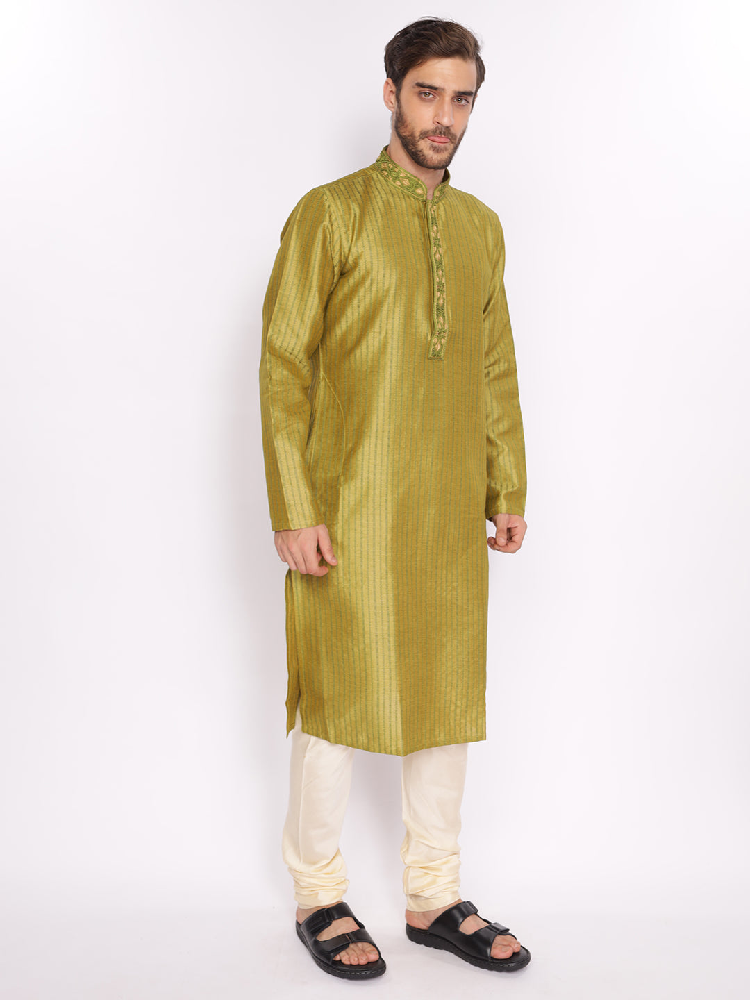 Full Sleeve Embroidered::Striped Kurta and Pyjama Set in Green Cotton Blend