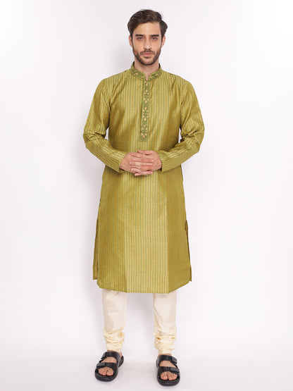 Full Sleeve Embroidered::Striped Kurta and Pyjama Set in Green Cotton Blend
