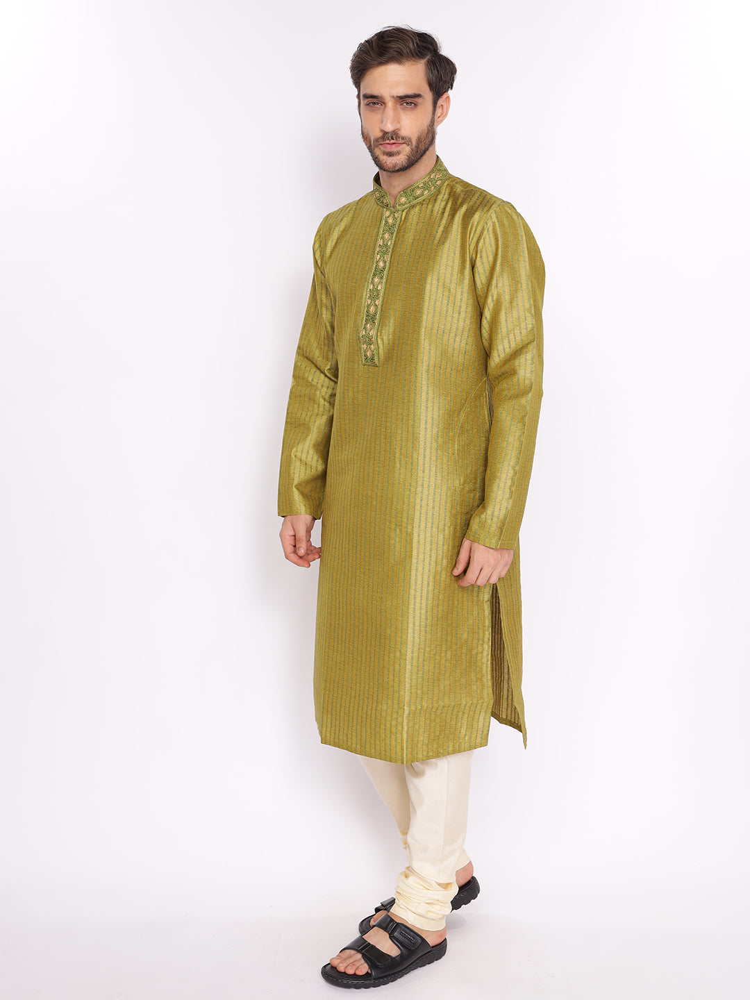 Full Sleeve Embroidered::Striped Kurta and Pyjama Set in Green Cotton Blend