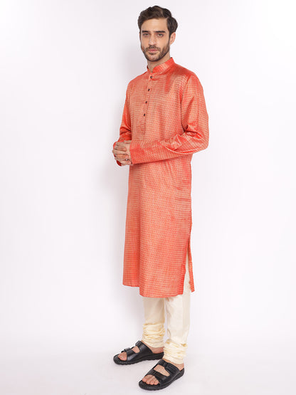 Full Sleeve Printed Kurta and Pyjama Set in Orange::White Cotton Blend