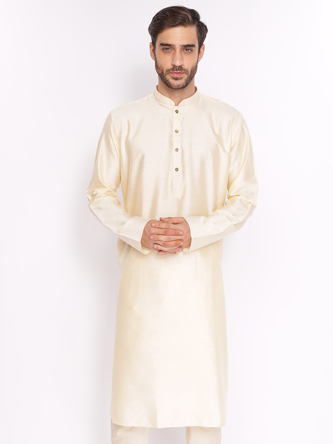 Full Sleeve Solid Kurta and Pyjama Set in Gold Cotton Blend