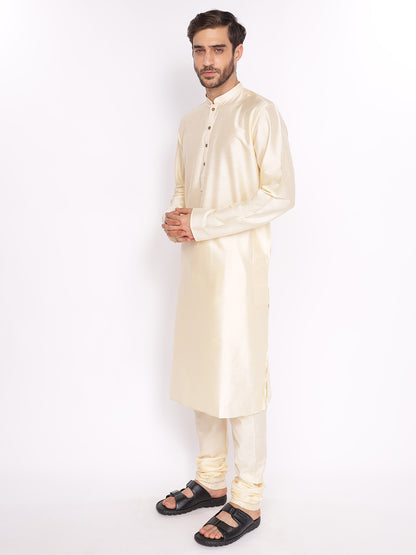 Full Sleeve Solid Kurta and Pyjama Set in Gold Cotton Blend
