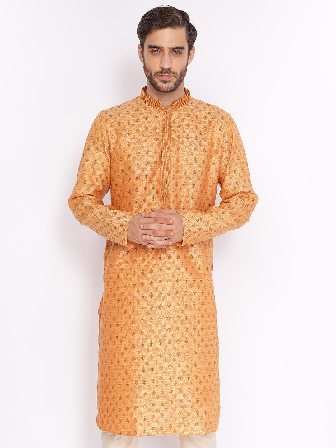 Full Sleeve Embroidered::Printed Kurta and Pyjama Set in Orange Cotton Blend